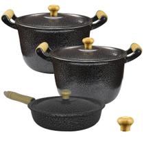 Jogo de Caldeirões e Frigideira de Alumínio Pomel de Madeira