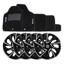 Jogo de calotas esportivas ds4 14 black silver + tapete bordado vw gol g5 g6