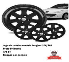 Jogo de calotas esportivas modelo Peugeot 206 preto brilhante aro 14 encaixe