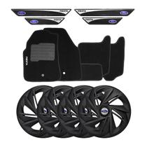Jogo de calotas esportivas nitro 13 fosc black + soleiras resinadas + tapetes ford fiesta