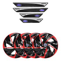 Jogo de calotas esportivas nitro 14 black red + soleiras resinadas ford fiesta