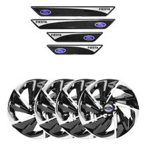 Jogo de calotas esportivas nitro 14 black silver + soleiras resinadas ford fiesta