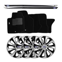 Jogo de calotas esportivas velox 13 silver black + soleiras resinadas + tapetes ford ka