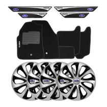 Jogo de calotas esportivas velox 14 silver black + soleiras resinadas + tapetes ford fiesta