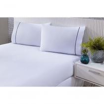 Jogo De Cama 100% Algodão Percal 150 Fios Solteiro Gran Moratta 2 Peças - com sofisticação na cor Branco E Detalhe Azul