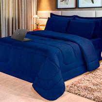Jogo de Cama 6 Peças Aconchego Dupla Face Casal Queen Azul Marinho Casa Dona