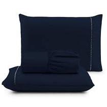 Jogo De Cama Casal 3 Peças 400 Fios Toque Aveludado Azul Marinho
