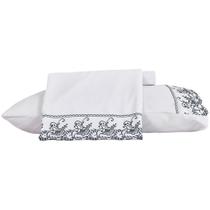 Jogo De Cama Casal 300 Fios Toque de Seda Com Bordado Inglês Azul 4 peças Jolitex