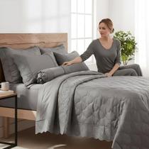 Jogo de cama casal 4 pecas algodao cinza 300 fios bordado cetim lencois com elastico fronhas toque macio enxoval luxo para quarto conforto elegante estilo classico r.01760