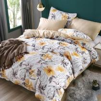 Jogo de cama casal comum floral amarelo com bege 6 peças