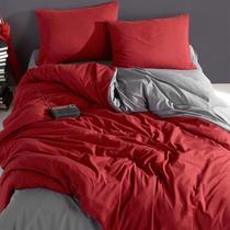 Jogo de cama casal comum vermelho com cinza 7 pç com edredom