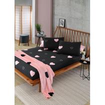 Jogo de Cama Casal Coração Preto e Rosa Malha 3 Peças Jogo de Cama Casal Coração Preto e Rosa Malha 3 Peças