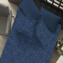 Jogo de Cama Casal Doce Vida Malha Misto 70% Algodão e 30% Poliéster Estampado Control Game 3 Pçs com Elástico Azul