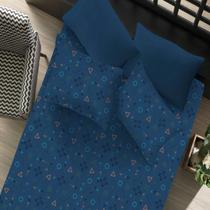 Jogo de Cama Casal Doce Vida Malha Misto 70% Algodão e 30% Poliéster Estampado Control Game 3 Pçs com Elástico Azul