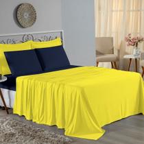 Jogo de Cama Casal Nobre 4 Peças Lençol com Elástico de 30cm de Altura Malha 100% Algodão - Amarelo / Azul-Marinho