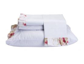 Jogo De Cama Casal Queen 4 Pçs Divini 150 Fios Branco Flor - Vilela Enxovais