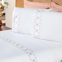 Jogo De Cama Damasco King 4 Peças 100% Poliéster 200 Fios - Branco/Salmao