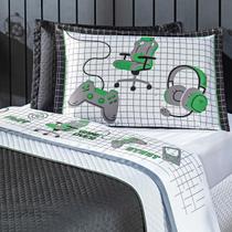 Jogo de Cama Game Streamer Branco/Verde CASAL PADRÃO 04 Peças - Percal 200 Fios