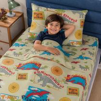 Jogo de Cama Infantil Menino Solteiro 3 Peças Malha Poliéster Fio Penteado Bouti Kids com Elástico Astronauta Galáxia Dinossauro Bombeiro Game