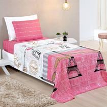 Jogo de Cama Infantil Paris Estampado Pink 3 Peças Tecido Microfibra - Bia Enxovais