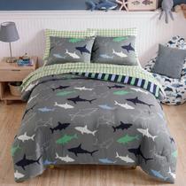 Jogo de Cama Infantil Solteiro Wink Deer para Meninos com Estampa de Tubarão, 5 Peças, Macio