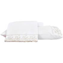 Jogo De Cama King 300 Fios Branco Com Bordado Inglês Branco e Bege 4 peças Jolitex