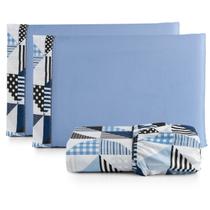 Jogo De Cama King Algodão 3 peças Azul Geometrico Luxo