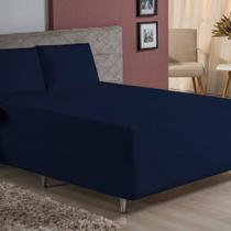 Jogo de Cama King Nobre 3 Peças Luva de Box 55cm de Altura Malha 100% Algodão - Azul-Marinho