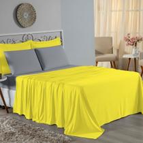 Jogo de Cama King Nobre 4 Peças Lençol com Elástico de 30cm de Altura Malha 100% Algodão - Amarelo / Cinza