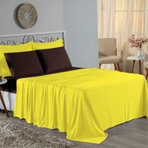 Jogo De Cama King Nobre 4 Peças Lençol Com Elástico De 30cm De Altura Malha 100% Algodão - Amarelo / Marrom