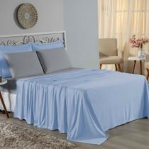 Jogo de Cama King Nobre 4 Peças Lençol com Elástico de 30cm de Altura Malha 100% Algodão - Azul-Bebê / Cinza Jogo de Cama King Nobre 4 Peças Lençol com Elástico de 30cm de Altura Malha 100% Algodão - Azul-Bebê / Cinza