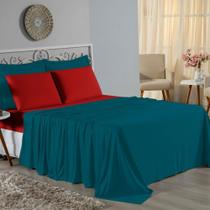 Jogo de Cama King Nobre 4 Peças Lençol com Elástico de 30cm de Altura Malha 100% Algodão - Petróleo / Vermelho