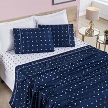 Jogo de Cama Lençol 200 Fios Petit Poá Queen 04 Peças - Marinho