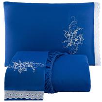 Jogo de Cama Lençol Casal Bordado Advance 3 Peças - Azul - 100% Poliéster