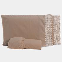 Jogo de Cama Lençol CASAL PADRÃO 03 Peças Florença Guipir com Fronhas - Tecido Percal Liso Algodão 200 Fios Conjunto Roupa Cama Lençóis Gripir Renda
