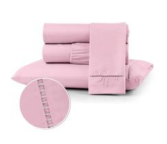 Jogo de cama lençol casal padrão 4 peças 400 fios acabamento ponto palito rosa