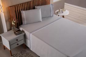 Jogo de Cama Lençol Casal Queen 4 Peças Cinza 200 Fios Bordado Inglês Lese 100% Algodão