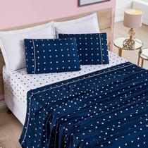 Jogo De Cama Lençol Celine Casal Padrão 04 Peças Micropercal 200 Fios Bolinhas - Azul Marinho