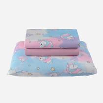 Jogo de Cama Lençol Fantasy Unicórnio Solteiro 03 Peças 100% Algodão Infantil Infantil - Rosa