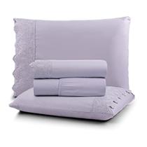 Jogo de Cama Lençol King 4 Peças 200 Fios Lençol Plano Detalhe Bordado Inglês