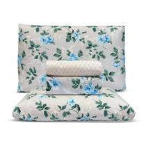 Jogo de cama lençol microtec 200 fios casal floral cinza e azul
