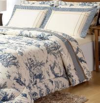 Jogo De Cama Lençol Queen 180 Fios Porcelana Azul E Palha 4 Peças