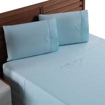 Jogo De Cama Lençol Queen 4 Peças Bordado Verde Tiffany Percal 100% Algodão