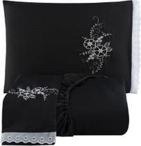 Jogo de Cama Lençol Queen Bordado 03 peças Microfibra - Preto