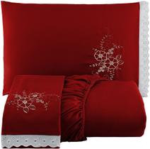 Jogo de Cama Lençol Queen Bordado 03 peças Microfibra - Vermelho Jogo de Cama Lençol Queen Bordado 03 peças Microfibra - Vermelho