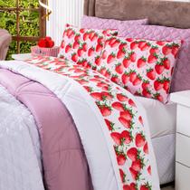 Jogo de Cama Lençol QUEEN Morangos Branco com Fronhas Estampadas 04 Peças - Tecido Percal 200 Fios