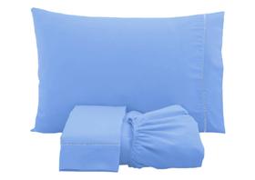 Jogo de cama lençol solteiro 3 peças algodão percal 180 fios com acabamento ponto palito - azul - STUDIO CASA
