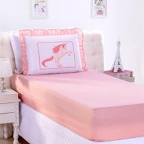 Jogo de Cama Lençol Solteiro Infantil Menina Unicórnio Rosa Microfibra 2 peças