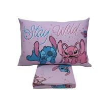 Jogo de Cama Lençol Solteiro Malha Algodão Infantil Disney Stitch Rosa