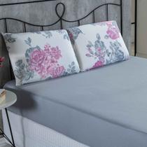 Jogo De Cama Malha Lençol 100% Algodão Primavera 3 Peças Casal - Floral Cinza